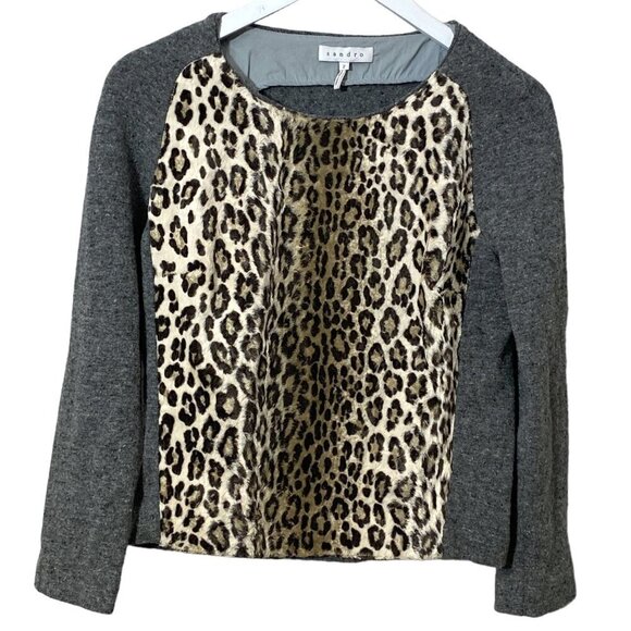 SANDRO Leopard Sweater Size 2 (XS) Faux Fur Front Gray Tweed Wool Blend - Picture 1 of 11